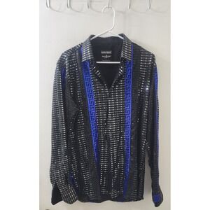 Barabas Mens Sequin Greek Key Button Down Shirt Black Blue Silver Long Sleeve L